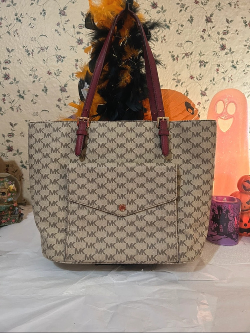 Michael Kors Beige MK Signature Tote with Burgundy Handles